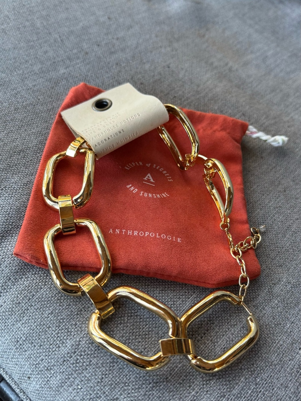 Anthropologie Chunky Gold Link Necklace with Rust Pouch